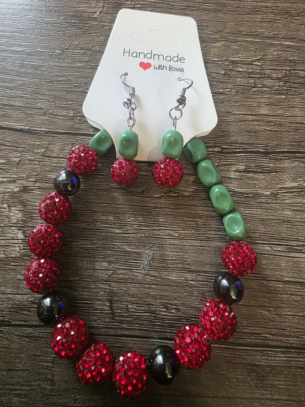 Handmade Watermelon Red Rhinestone Green Beaded Bracelet Earrings Set